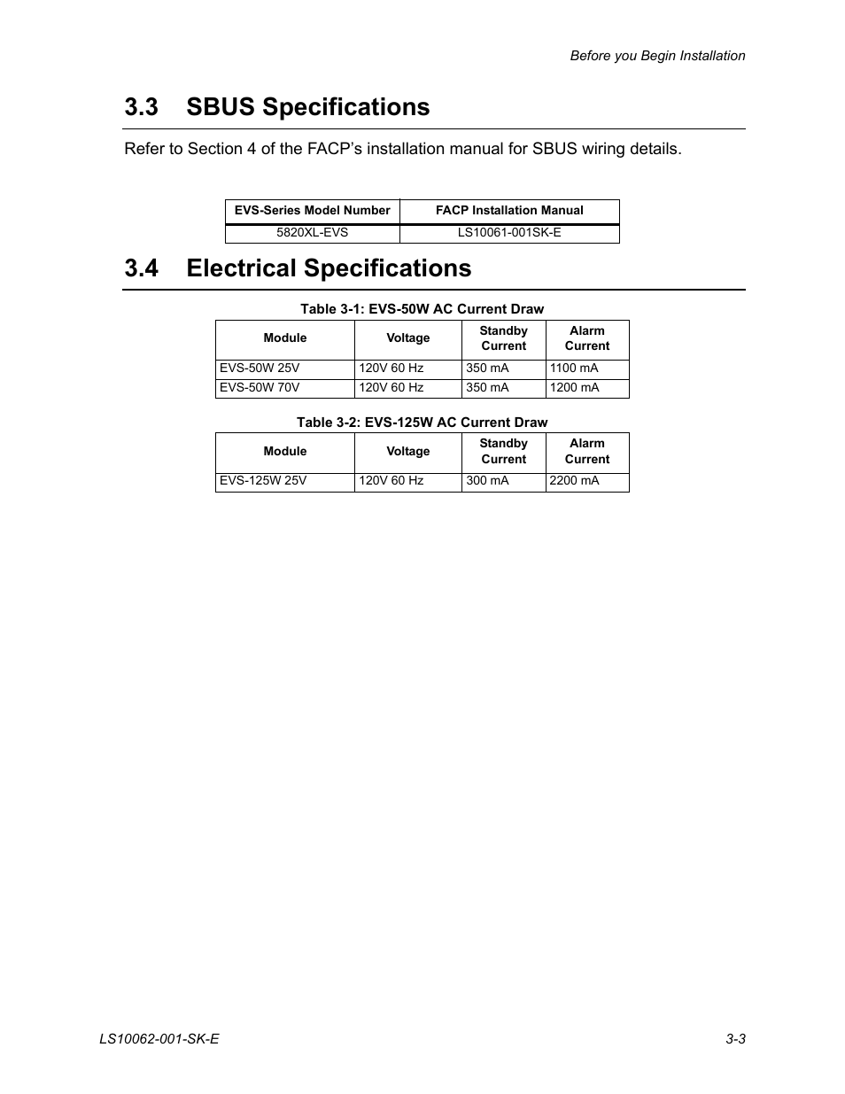 3 sbus specifications, 4 electrical specifications, Sbus specifications -3 | Electrical specifications -3 | SilentKnight EVS User Manual | Page 21 / 74