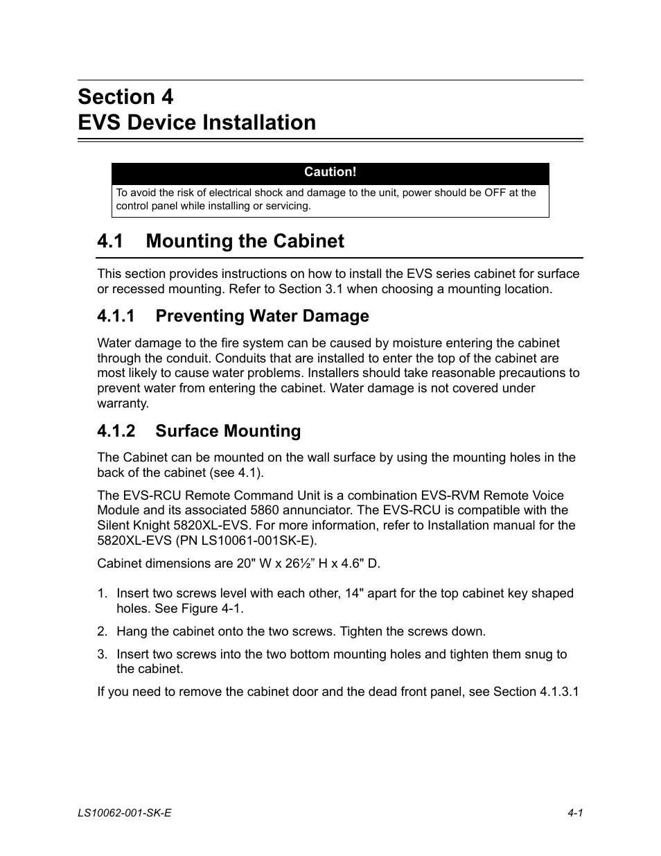 Section 4 evs device installation, 1 mounting the cabinet, 1 preventing water damage | 2 surface mounting, Mounting the cabinet -1 | SilentKnight EVS User Manual | Page 23 / 74