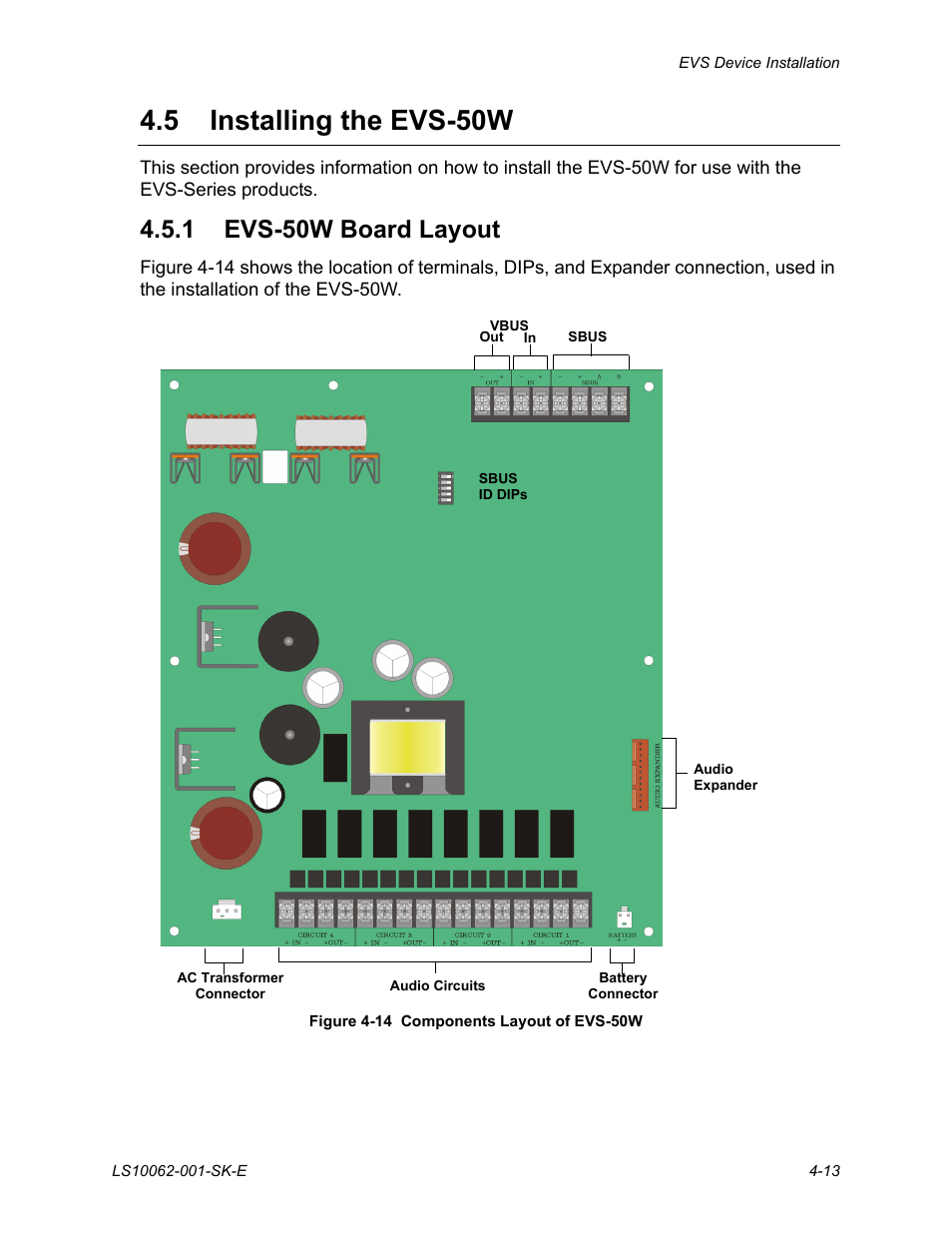 5 installing the evs-50w, 1 evs-50w board layout, Installing the evs-50w -13 | Evs-50w board layout -13 | SilentKnight EVS User Manual | Page 35 / 74