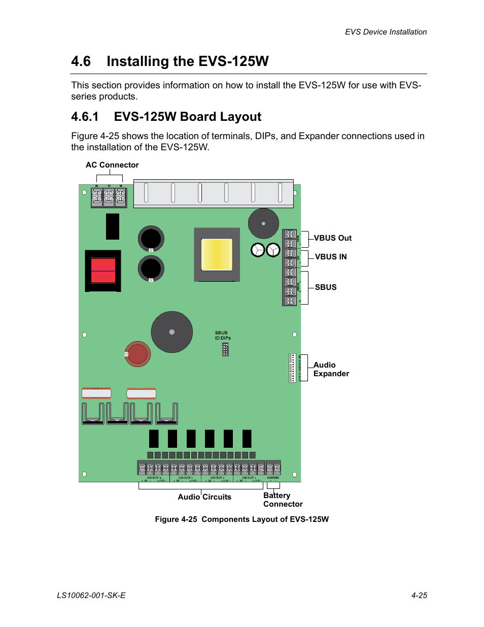 6 installing the evs-125w, 1 evs-125w board layout, Installing the evs-125w -25 | 1 evs-125w board layout -25 | SilentKnight EVS User Manual | Page 47 / 74