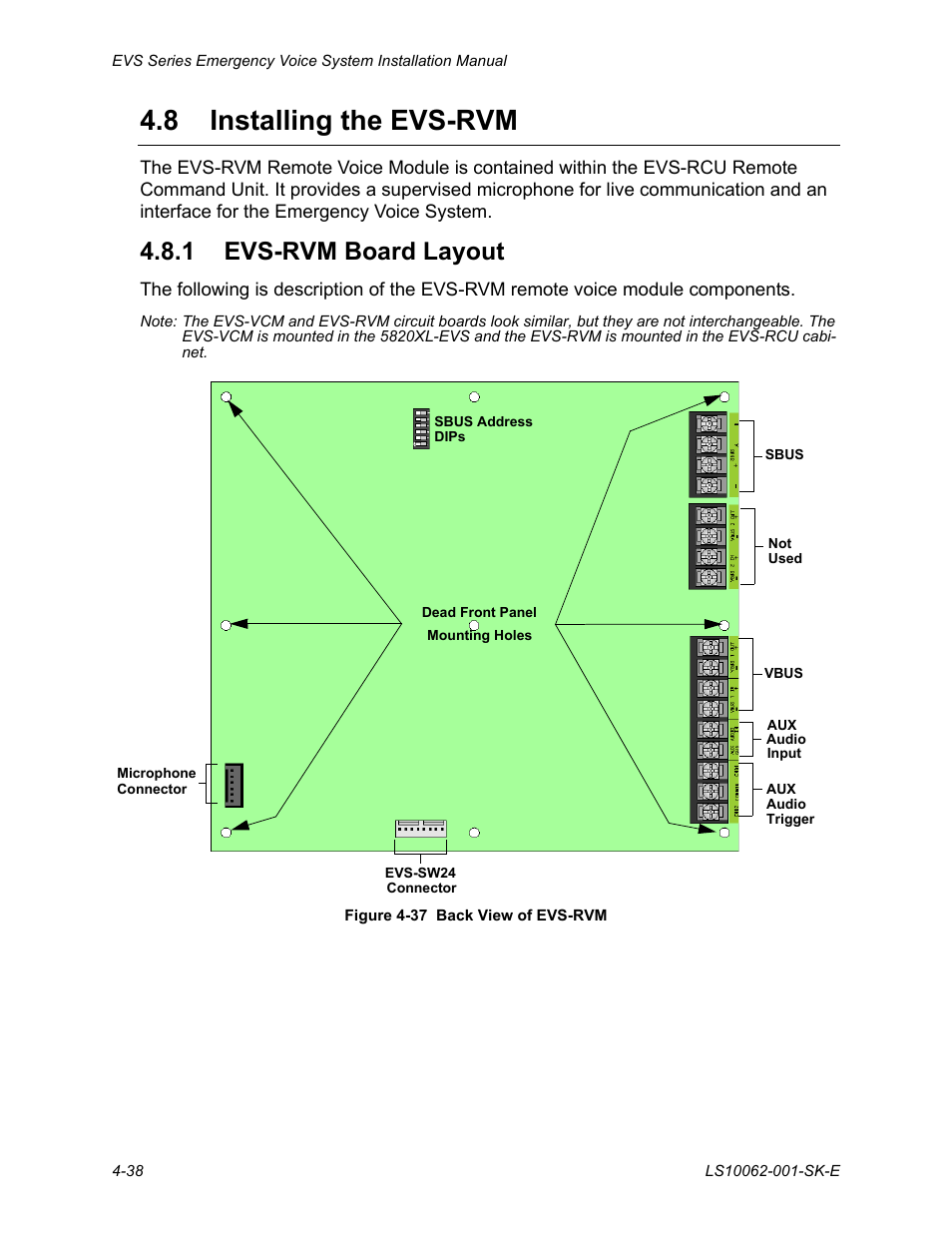 8 installing the evs-rvm, 1 evs-rvm board layout, Installing the evs-rvm -38 | 1 evs-rvm board layout -38 | SilentKnight EVS User Manual | Page 60 / 74