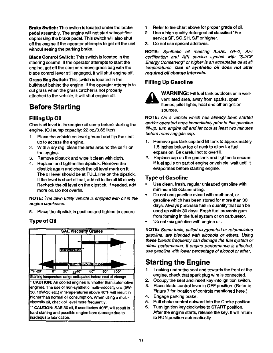 Before starting, Starting the engine, Filling up oil | Type of oil, Filling up gasoline, Warning, Type of gasoline | Craftsman 247.270250 User Manual | Page 11 / 65
