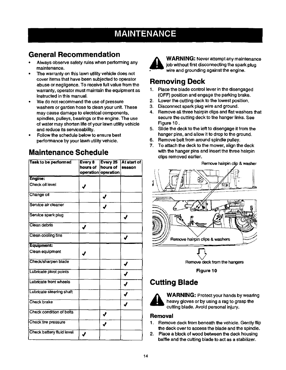 Maintenance, General recommendation, Maintenance schedule | Removing deck, Cutting blade, Removal, Maintenance general recommendation | Craftsman 247.270250 User Manual | Page 14 / 65