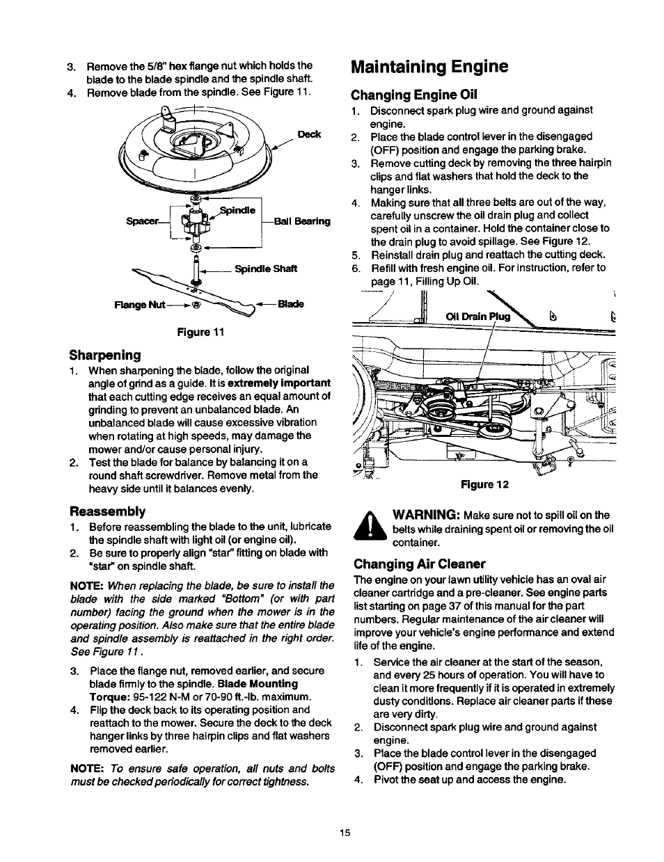 Sharpening, Reassembly, Maintaining engine | Changing engine oil, Changing air cleaner | Craftsman 247.270250 User Manual | Page 15 / 65