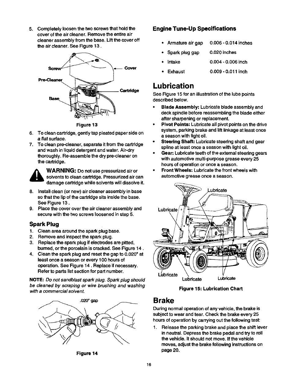 Engine tune-up specifications, Spark plug, Brake | Lubrication | Craftsman 247.270250 User Manual | Page 16 / 65