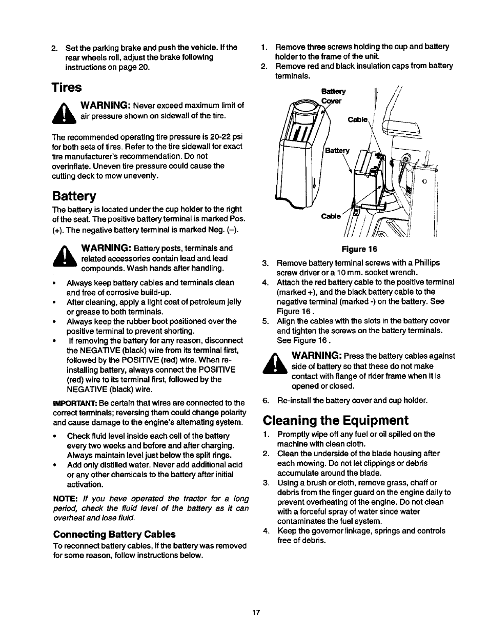 Tires, Battery, Connecting battery cables | Cleaning the equipment | Craftsman 247.270250 User Manual | Page 17 / 65