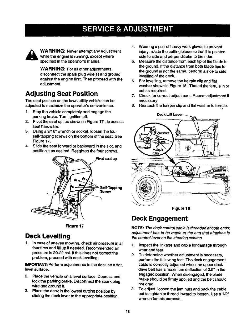 Service & adjustment, Adjusting seat position, Deck levelling | Deck engagement | Craftsman 247.270250 User Manual | Page 18 / 65