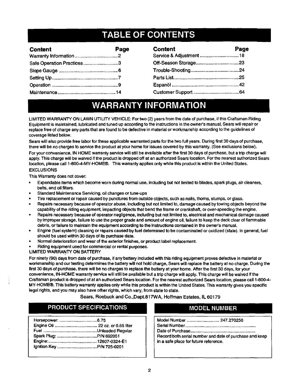 Craftsman 247.270250 User Manual | Page 2 / 65