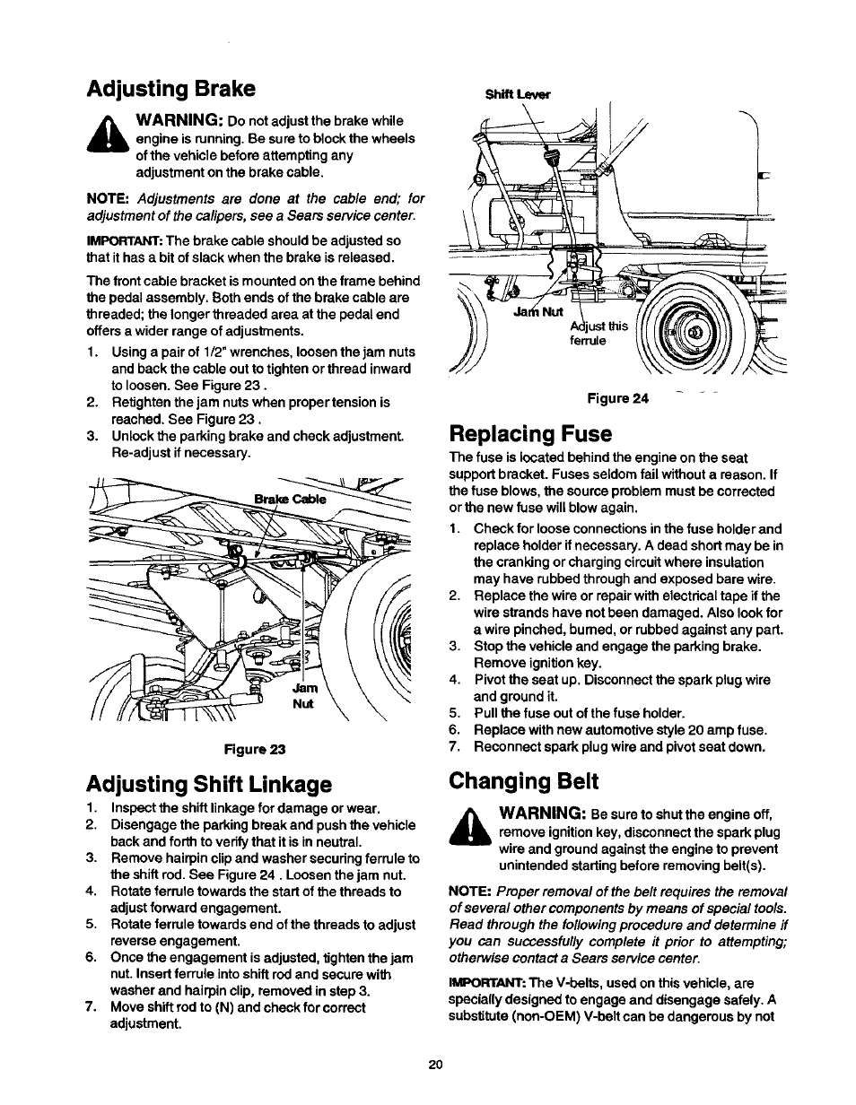 Adjusting shift linkage, Repiacing fuse, Adjusting brake | Changing belt | Craftsman 247.270250 User Manual | Page 20 / 65