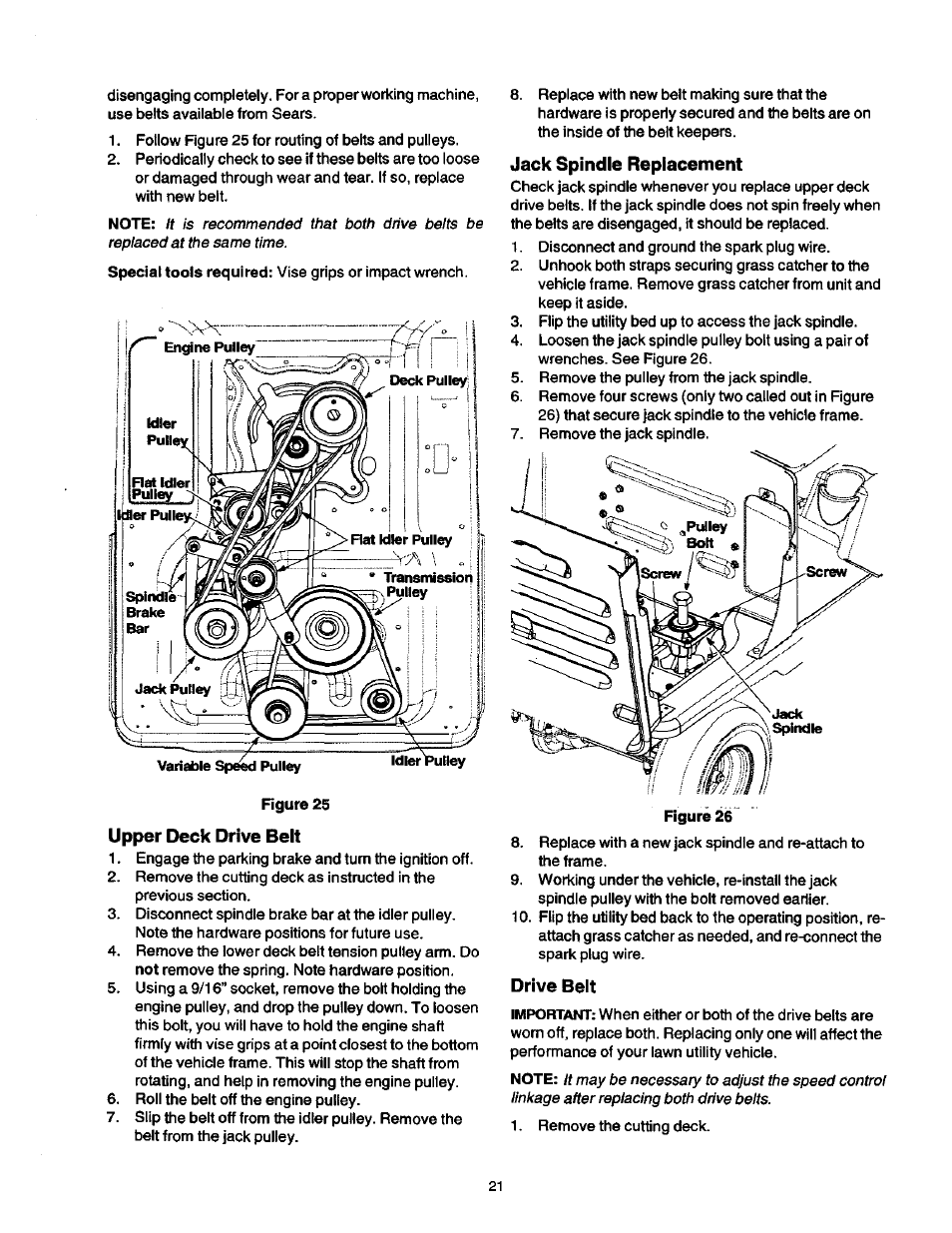 Upper deck drive belt, Jack spindle replacement, Drive belt | Craftsman 247.270250 User Manual | Page 21 / 65