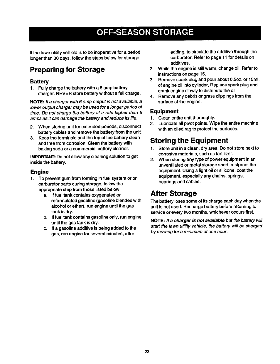 Off-season storage, Preparing for storage, Battery | Engine, Equipment, Storing the equipment, After storage | Craftsman 247.270250 User Manual | Page 23 / 65