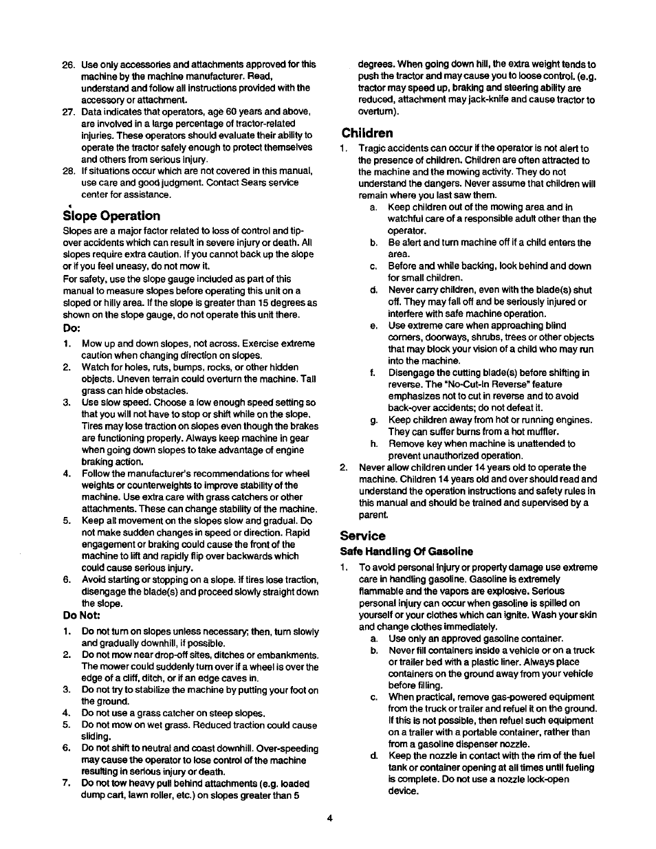 Slope operation, Children, Service | Craftsman 247.270250 User Manual | Page 4 / 65