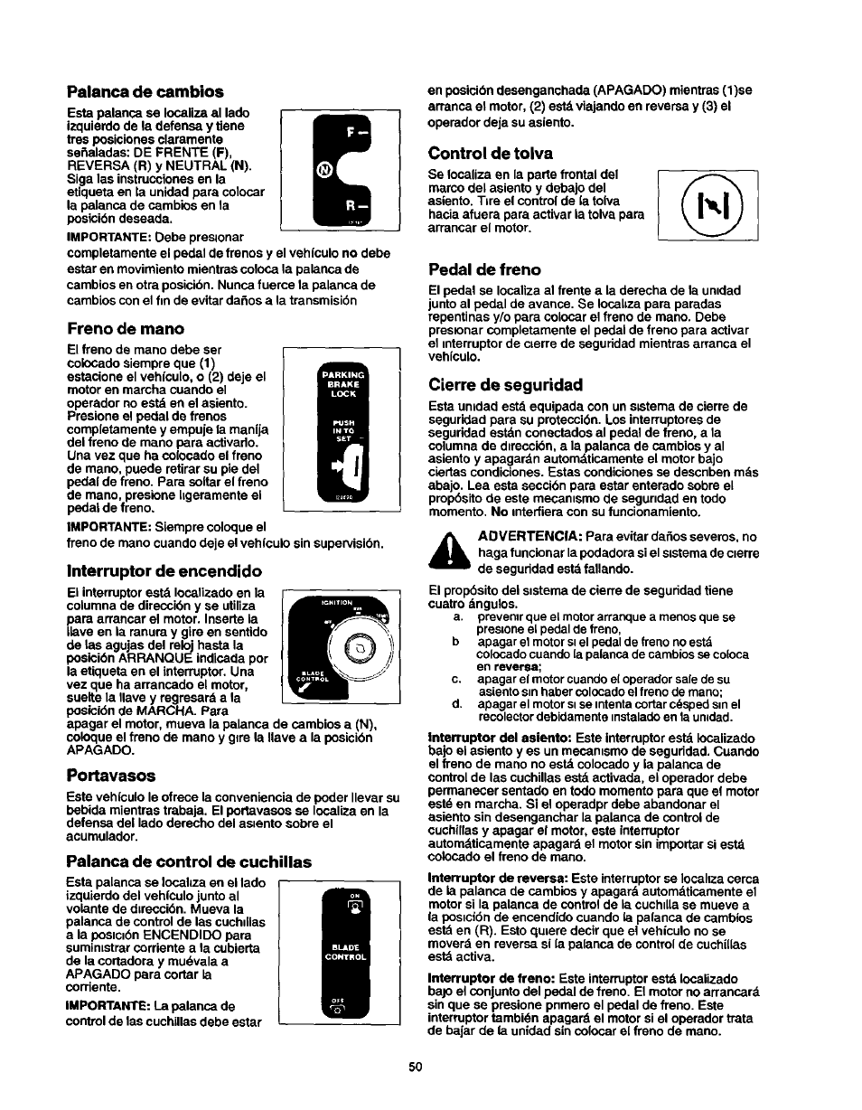 Palanca para levantar la cubierta, Pedal de avance, Funcionamiento | Craftsman 247.270250 User Manual | Page 50 / 65