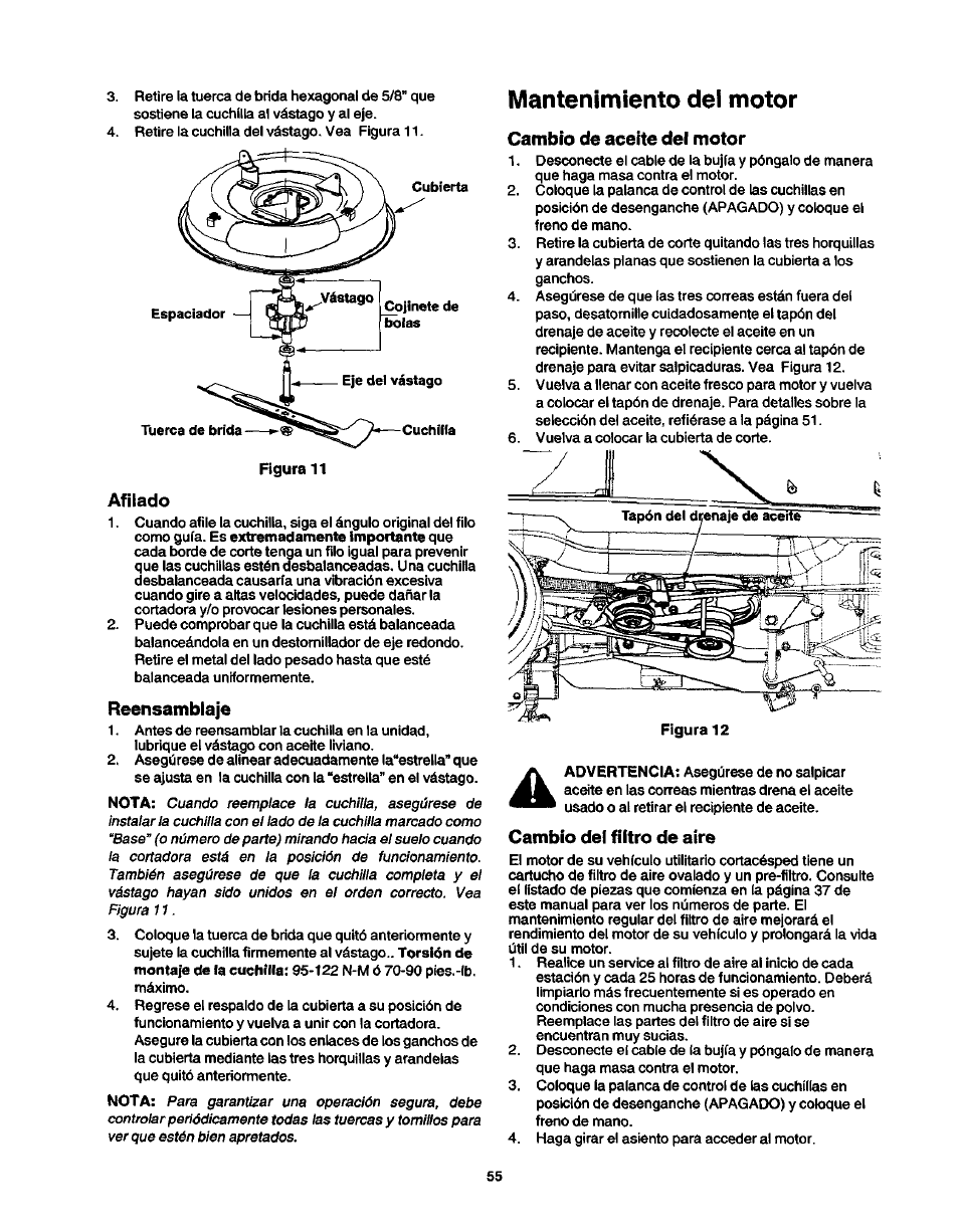 Recomendaciones generales, Programa de mantenimiento, Retiro de la cubierta | Cuchilla, Mantenimiento recomendaciones generales | Craftsman 247.270250 User Manual | Page 55 / 65