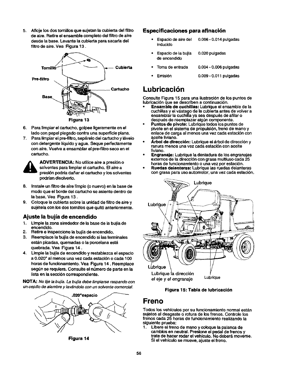 Afilado, Reensamblaje, Cambio del filtro de aire | Mantenimiento del motor, Cambio de aceite del motor | Craftsman 247.270250 User Manual | Page 56 / 65