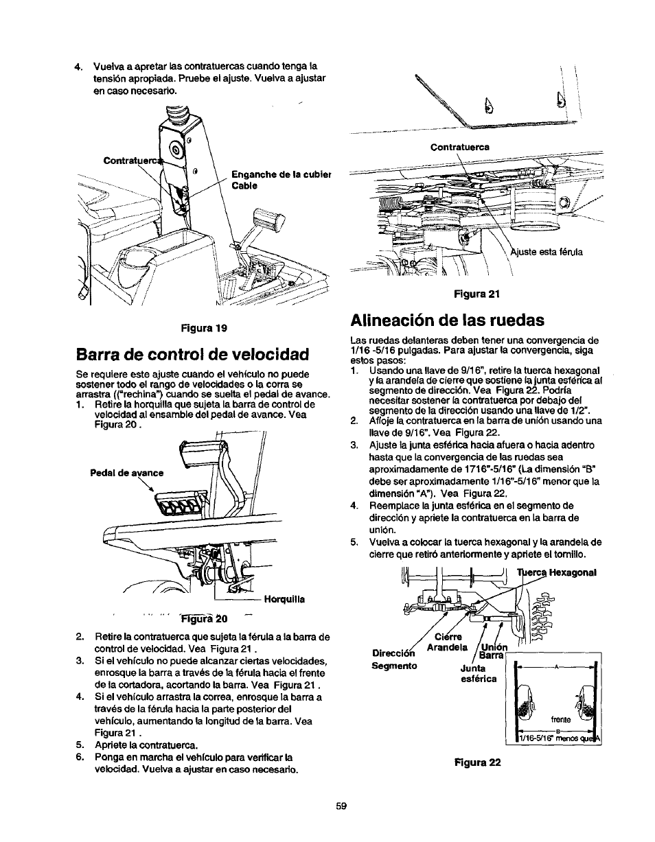 Servicio y ajustes, Posición del asiento, Nivelación de la cubierta | Enganche de la cubierta, Servicio y ajustes ajustes | Craftsman 247.270250 User Manual | Page 59 / 65