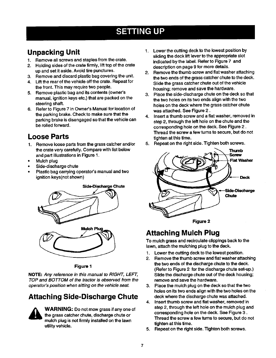 Setting up, Unpacking unit, Loose parts | Attaching side-discharge chute, Attaching mulch plug | Craftsman 247.270250 User Manual | Page 7 / 65