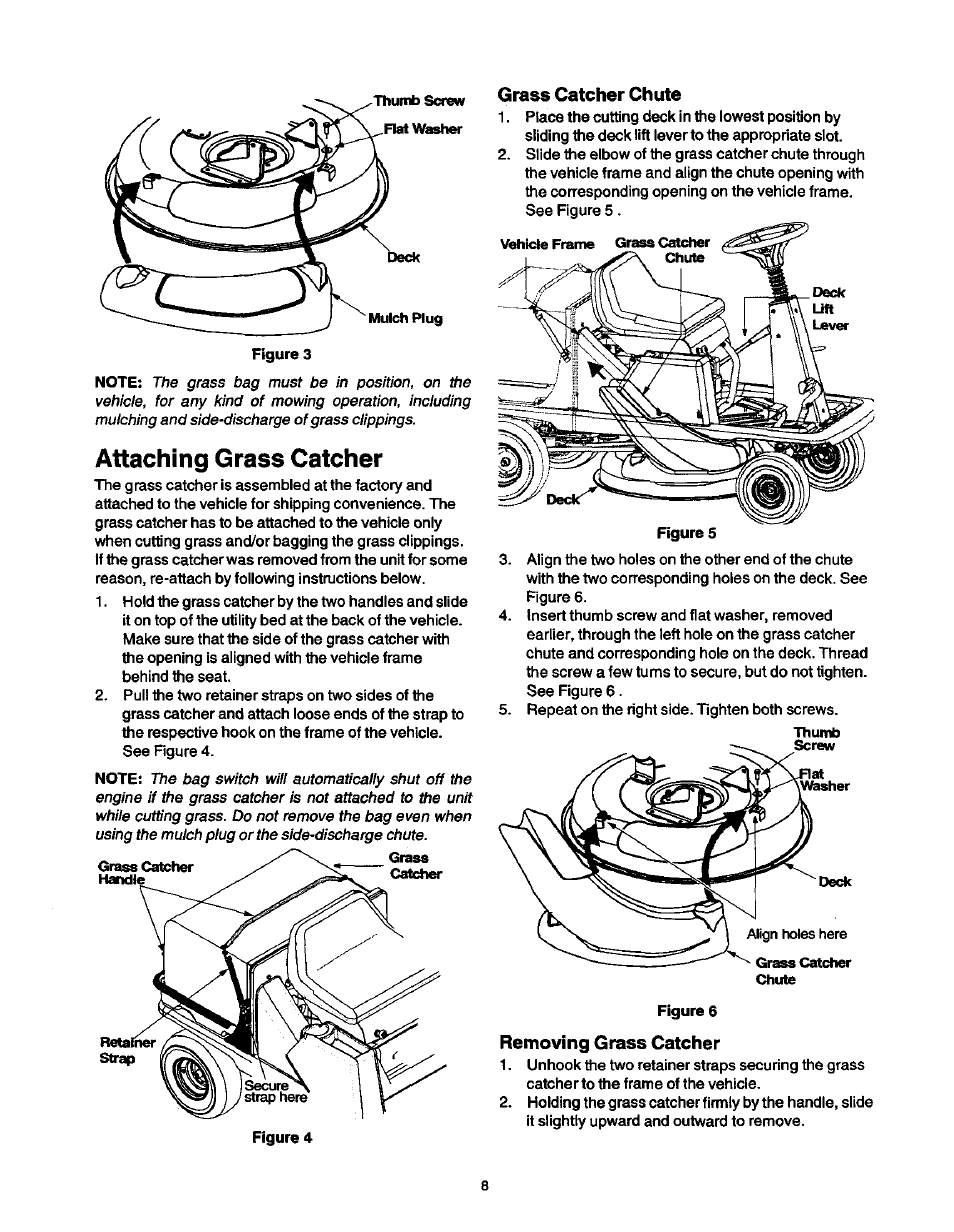 Attaching grass catcher, Grass catcher chute, Removing grass catcher | Craftsman 247.270250 User Manual | Page 8 / 65