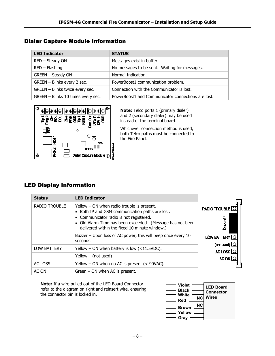 Dialer capture module information, Led display information | SilentKnight IPGSM-4G User Manual | Page 10 / 16
