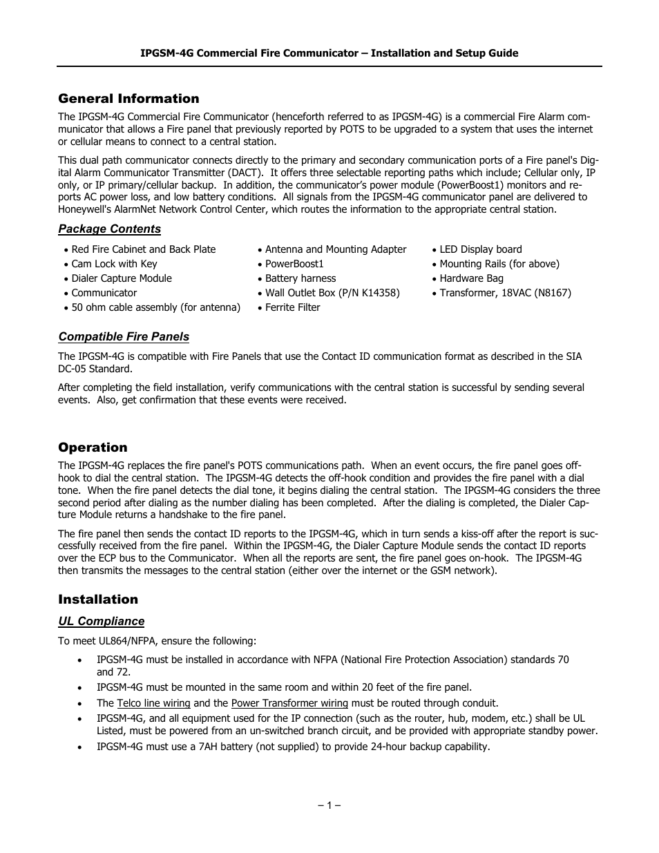 General information, Package contents, Compatible fire panels | Operation, Installation, Ul compliance | SilentKnight IPGSM-4G User Manual | Page 3 / 16