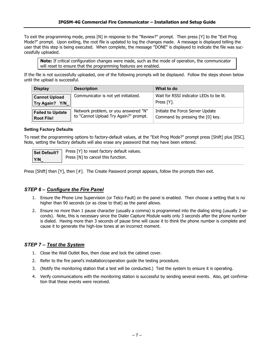 Step 6 – configure the fire panel, Step 7 – test the system | SilentKnight IPGSM-4G User Manual | Page 9 / 16