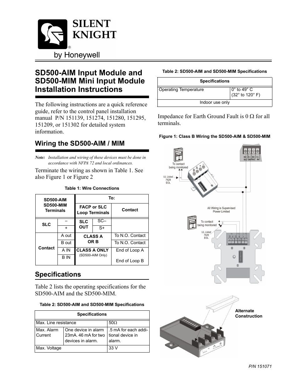 SilentKnight SD500-AIM Addressable Input Module and SD500-MIM Addressable Mini-Input Module User Manual | 2 pages