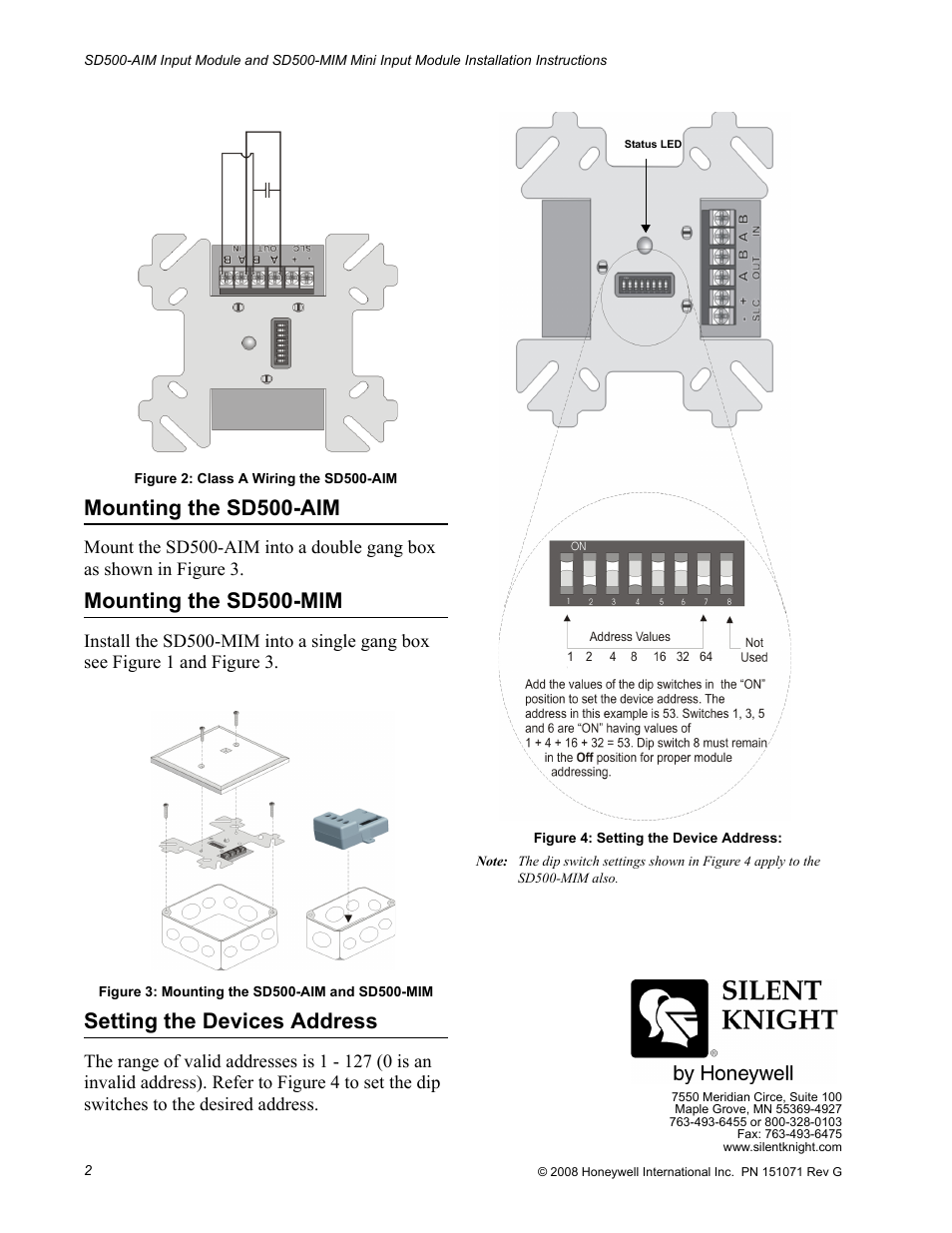 Mounting the sd500-aim, Mounting the sd500-mim, Setting the devices address | SilentKnight SD500-AIM Addressable Input Module and SD500-MIM Addressable Mini-Input Module User Manual | Page 2 / 2