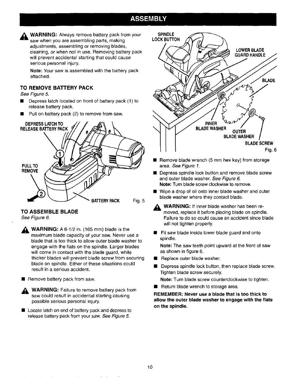 To remove battery pack, To assemble blade, Assembly | Craftsman 315.271190 User Manual | Page 10 / 24