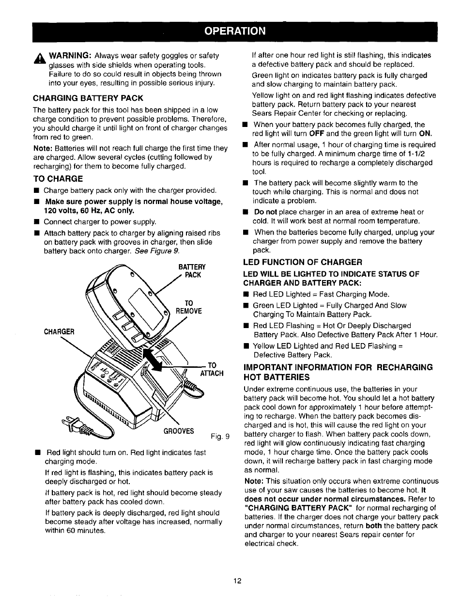 Charging battery pack, To charge, Led function of charger | Important information for recharging hot batteries, Operation | Craftsman 315.271190 User Manual | Page 12 / 24