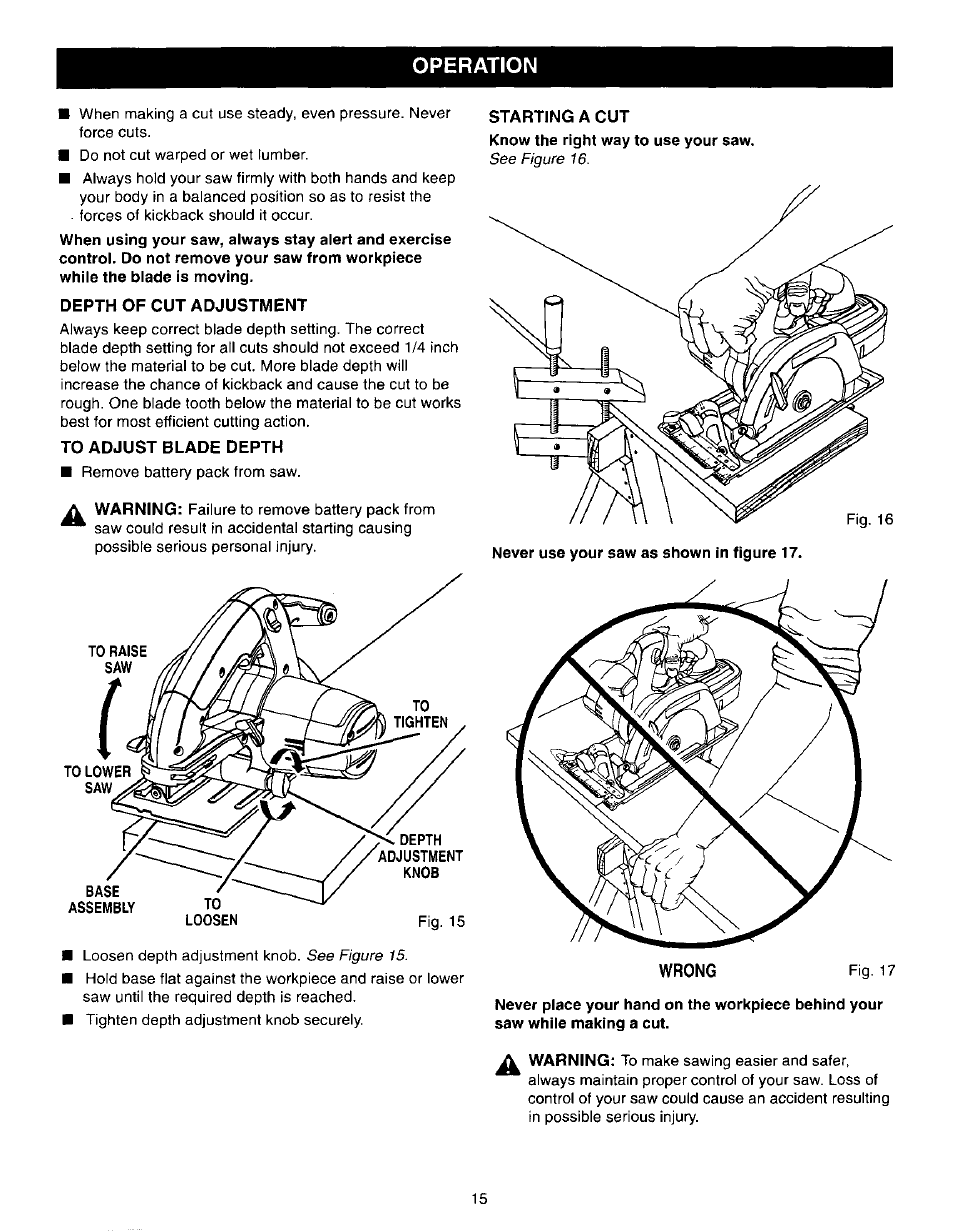 Depth of cut adjustment, To adjust blade depth, Starting a cut | Wrong, Operation | Craftsman 315.271190 User Manual | Page 15 / 24