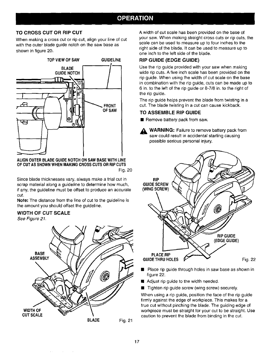 To cross cut or rip cut, Width of cut scale, Rip guide (edge guide) | To assemble rip guide, Operation | Craftsman 315.271190 User Manual | Page 17 / 24