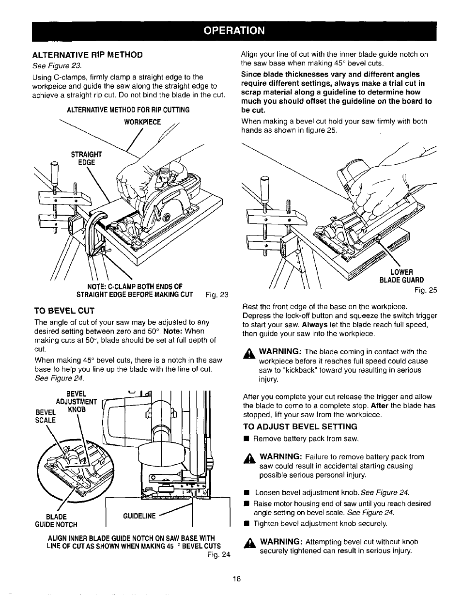 Alternative rip method, To bevel cut, To adjust bevel setting | Operation | Craftsman 315.271190 User Manual | Page 18 / 24