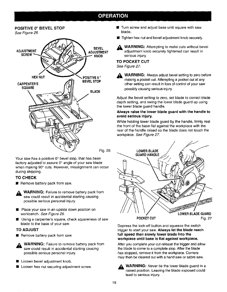 Positive 0° bevel stop, Bevel, Adjustment knob | To check, To adjust, To pocket cut, Operation | Craftsman 315.271190 User Manual | Page 19 / 24