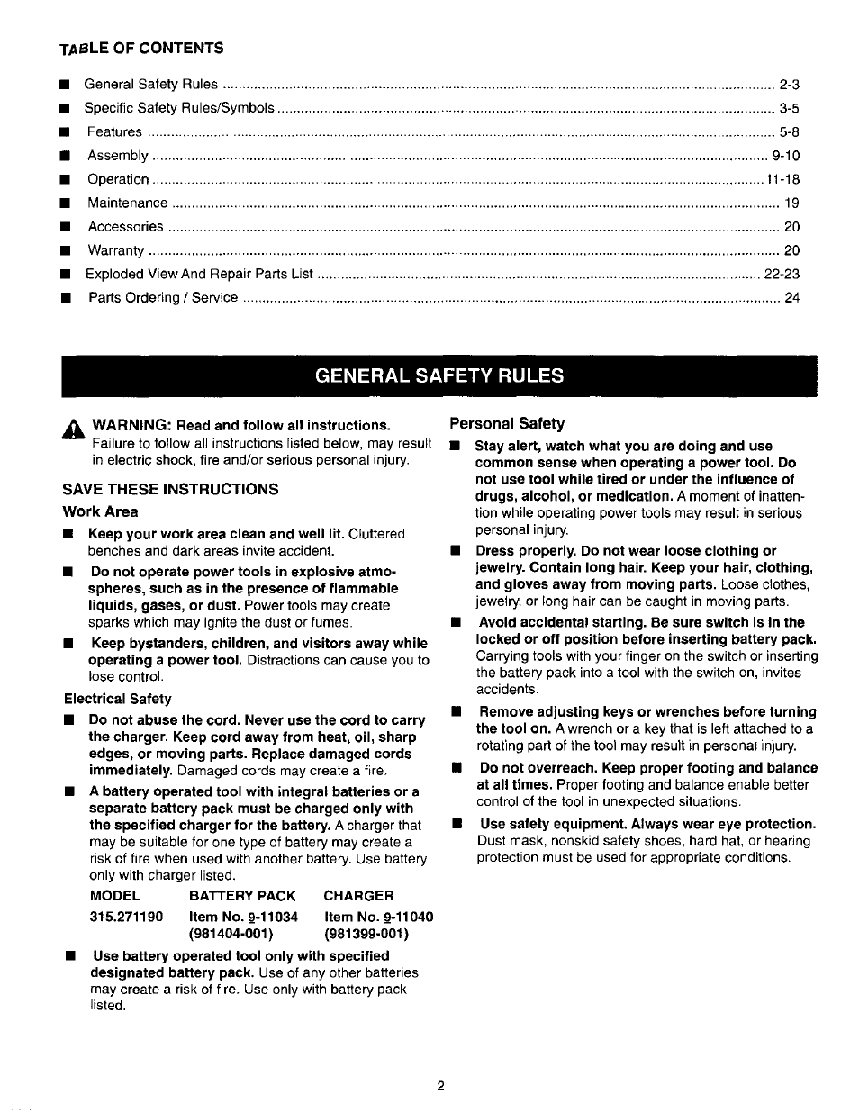 General safety rules, Work area, Personal safety | Craftsman 315.271190 User Manual | Page 2 / 24