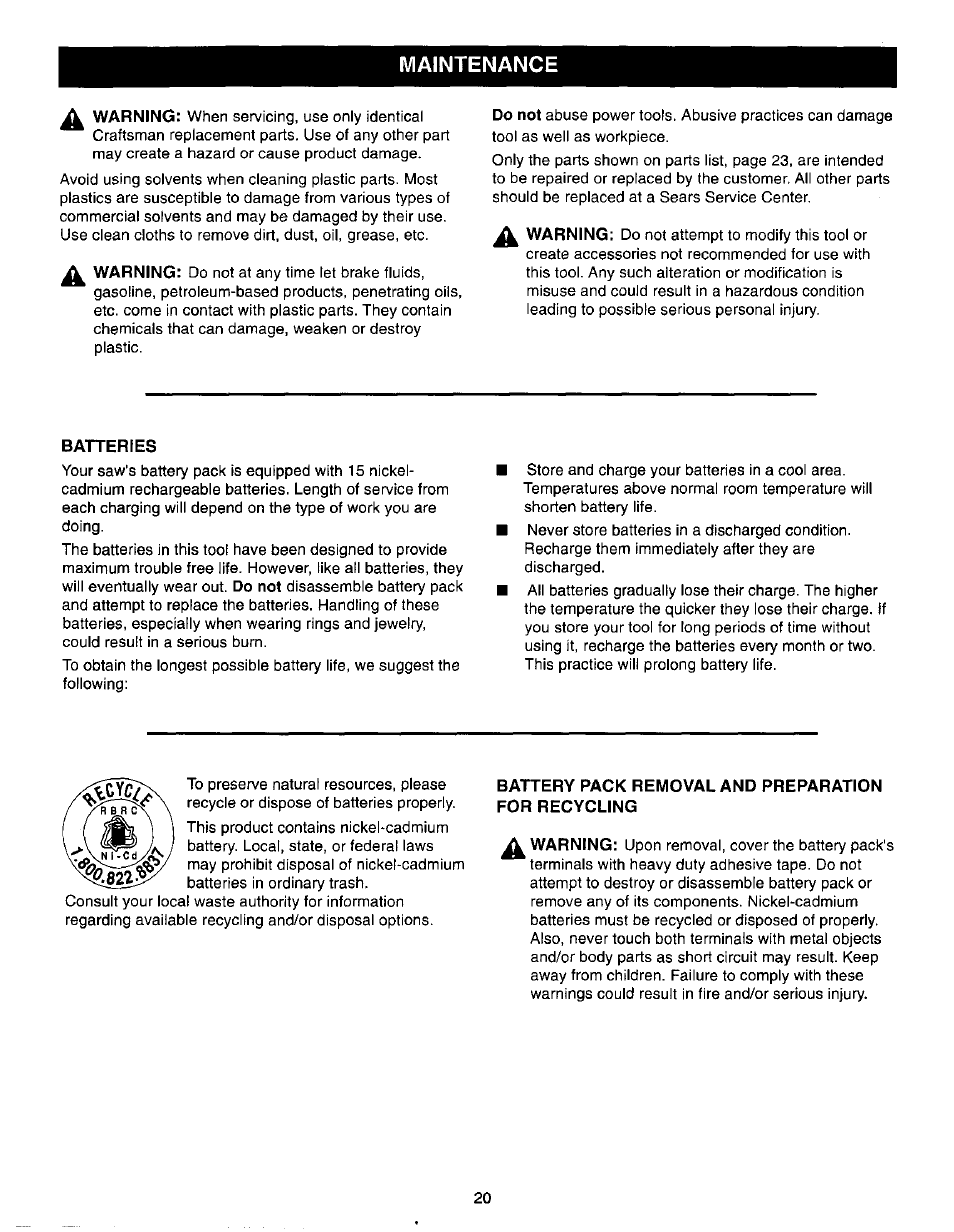 Maintenance, Batteries, Battery pack removal and preparation for recycling | Craftsman 315.271190 User Manual | Page 20 / 24