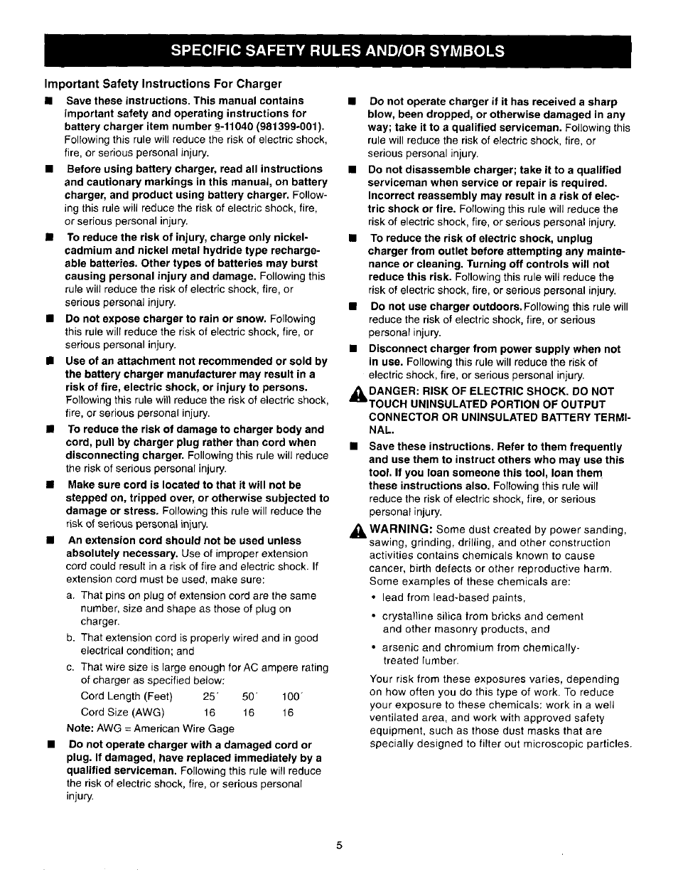 Important safety instructions for charger, A danger: risk of electric shock. do not, Specific safety rules and/or symbols | Craftsman 315.271190 User Manual | Page 5 / 24