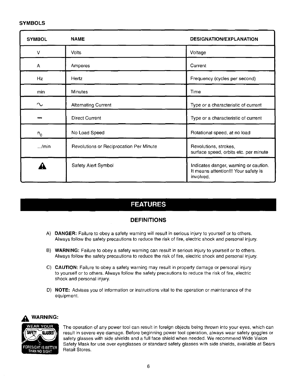 Features, Definitions, Features -8 | Craftsman 315.271190 User Manual | Page 6 / 24