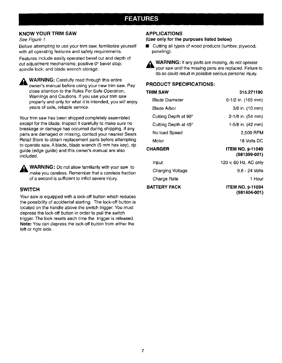 Know your trim saw, Switch, Applications | Product specifications, Features | Craftsman 315.271190 User Manual | Page 7 / 24