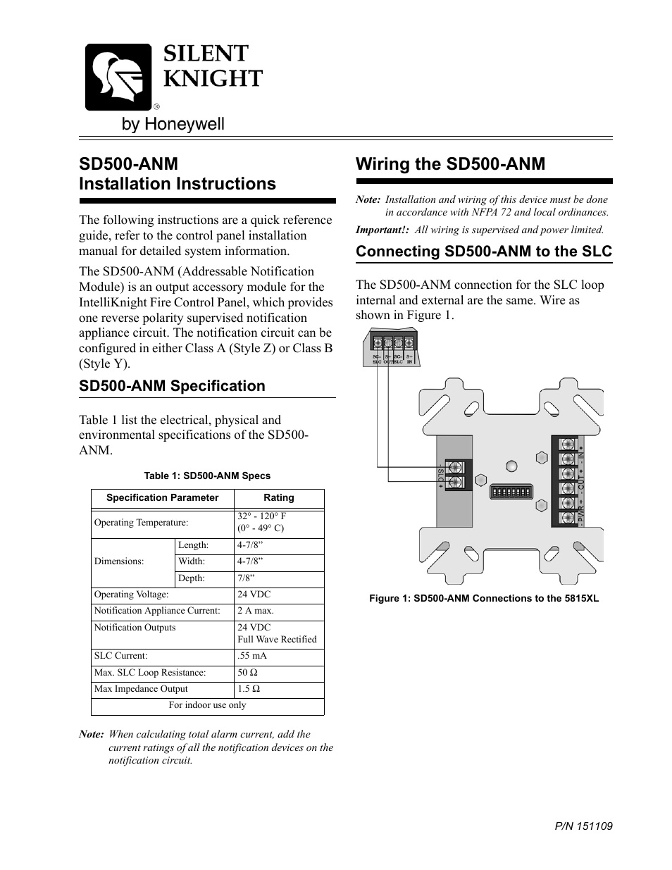 SilentKnight SD500-ANM Addressable Notification Module User Manual | 2 pages