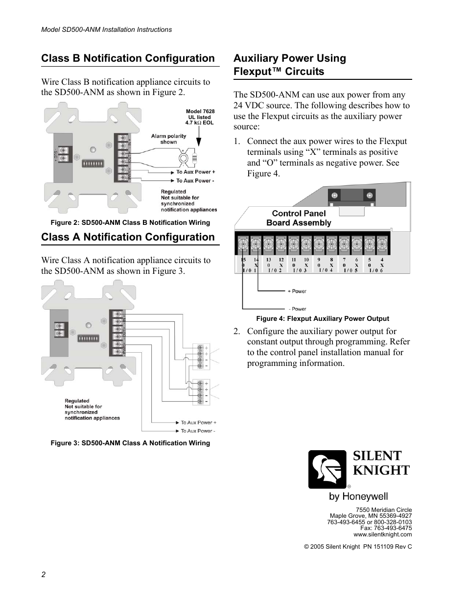 Class b notification configuration, Class a notification configuration, Auxiliary power using flexput™ circuits | SilentKnight SD500-ANM Addressable Notification Module User Manual | Page 2 / 2