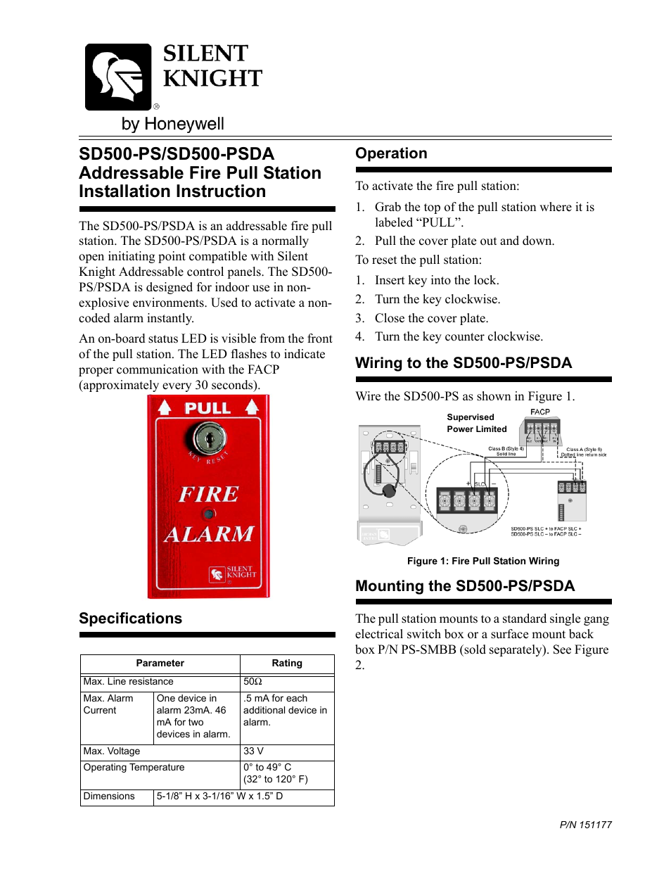 SilentKnight SD500-PS Addressable Pull Station User Manual | 2 pages