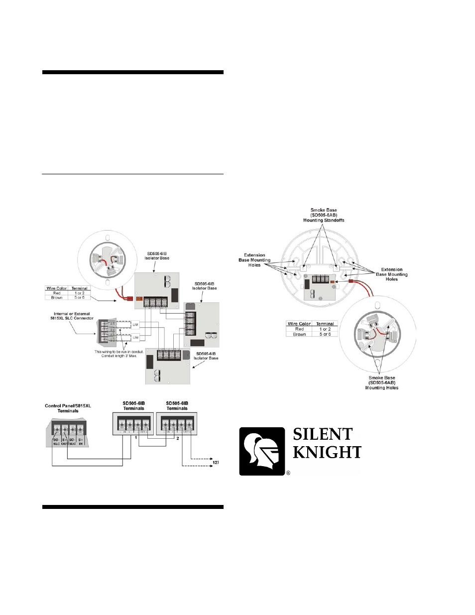 Wiring the sd505-6ib, Mounting the sd505-6ib, Wiring the sd505-6ib to the slc terminals | SilentKnight SD505-6IB 6 Isolator Base User Manual | Page 2 / 2