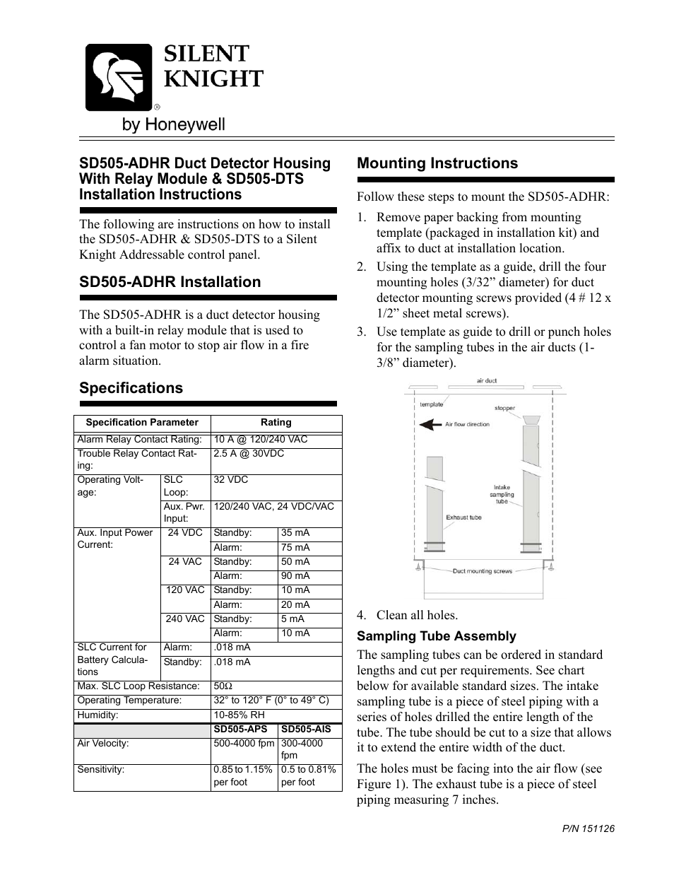 SilentKnight SD505-ADHR Addressable Duct Housing w/Relay User Manual | 4 pages