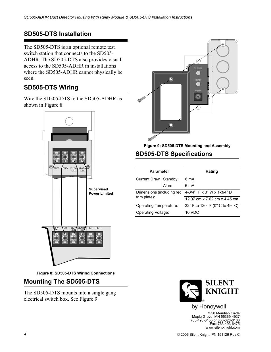 Sd505-dts installation, Sd505-dts wiring, Mounting the sd505-dts | Sd505-dts specifications | SilentKnight SD505-ADHR Addressable Duct Housing w/Relay User Manual | Page 4 / 4