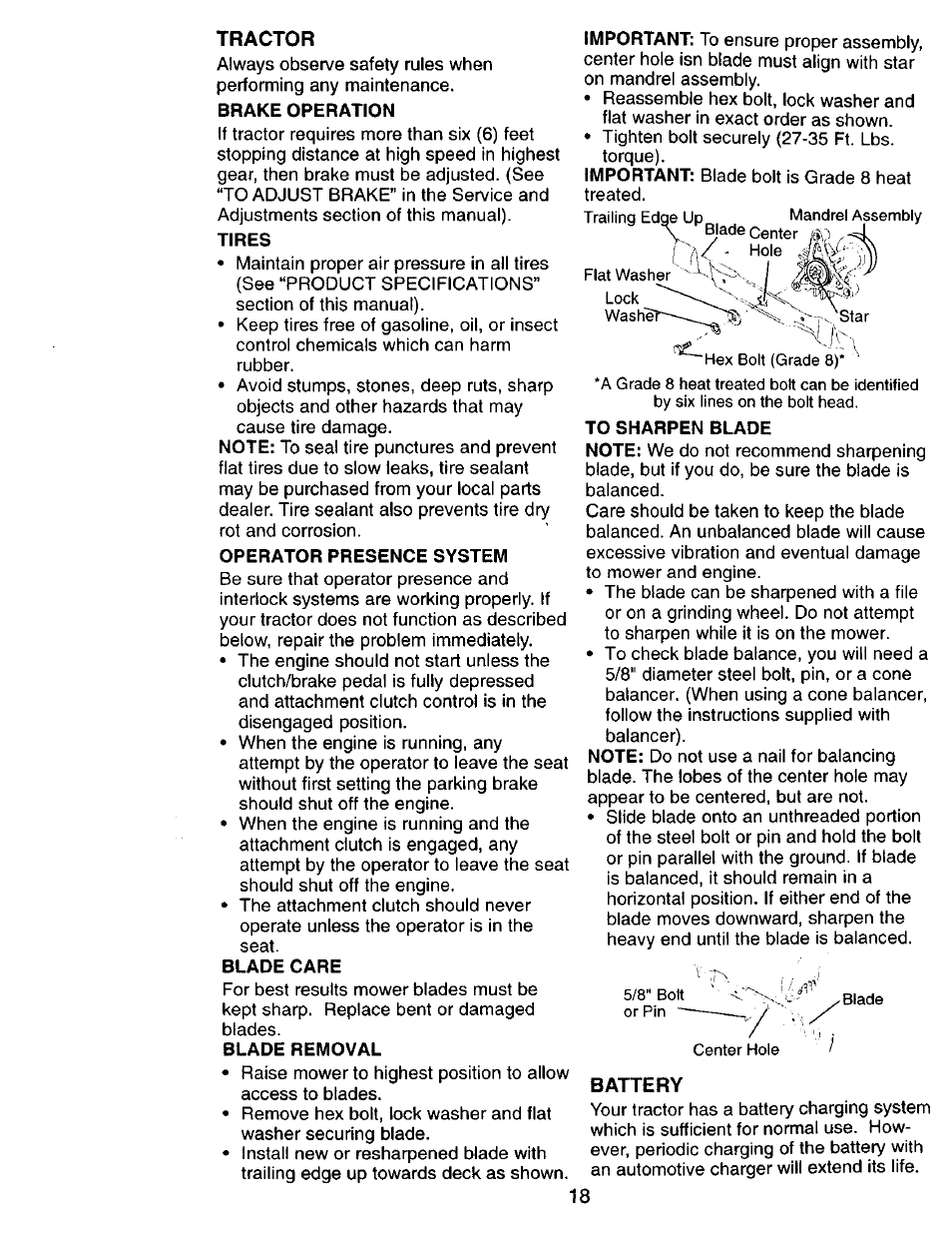 Tractor, Brake operation, Tires | Blade care, Blade removal, To sharpen blade, Battery | Craftsman 917.270751 User Manual | Page 18 / 60