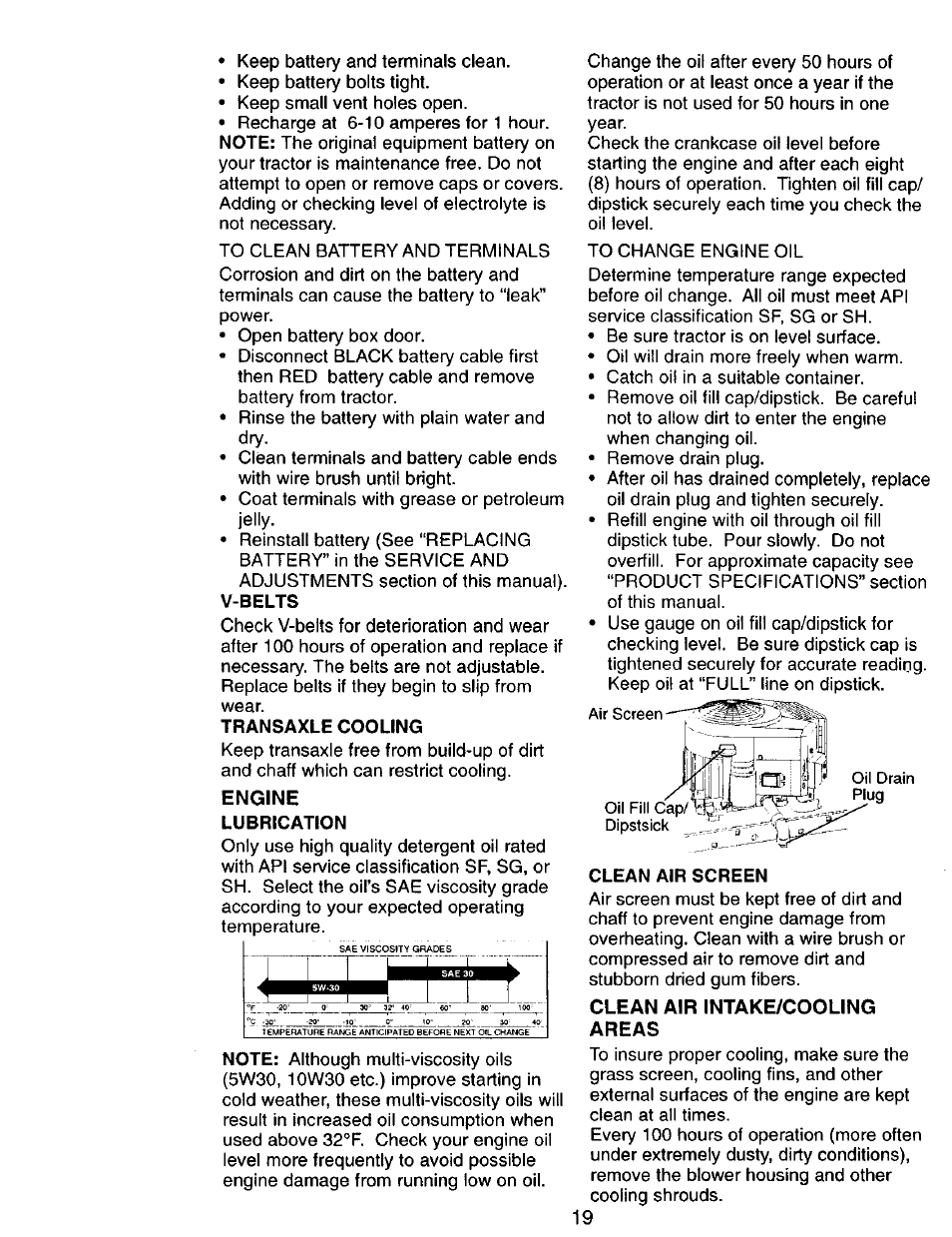 V-belts, Transaxle cooling, Engine | Lubrication, Clean air screen, Clean air intake/cooling areas | Craftsman 917.270751 User Manual | Page 19 / 60