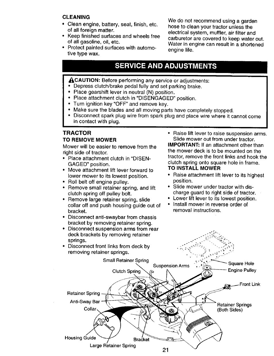 Cleaning, Service and adjustments, Tractor | To remove mower, To install mower | Craftsman 917.270751 User Manual | Page 21 / 60