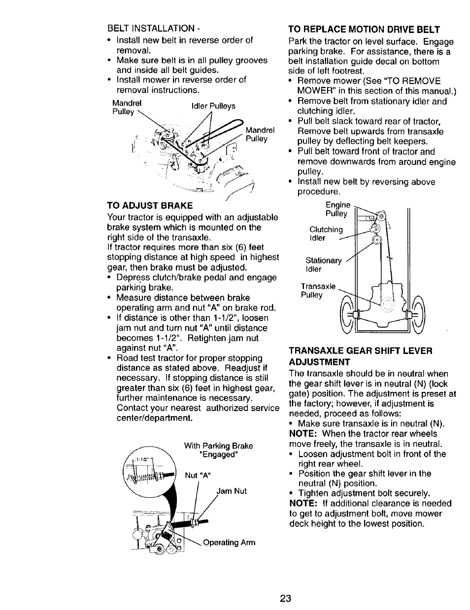 To replace motion drive belt, Transaxle gear shift lever adjustment | Craftsman 917.270751 User Manual | Page 23 / 60