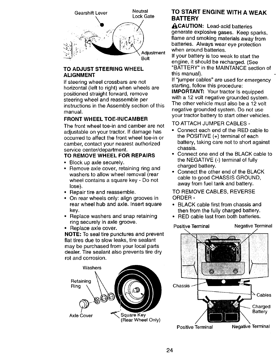 To adjust steering wheel alignment, Front wheel toe-in/camber, To remove wheel for repairs | To start engine with a weak battery | Craftsman 917.270751 User Manual | Page 24 / 60