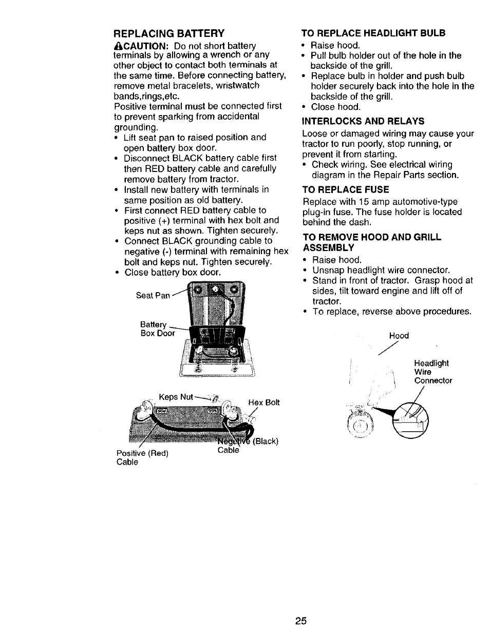 Replacing battery, To replace headlight bulb, Interlocks and relays | To replace fuse, To remove hood and grill assembly | Craftsman 917.270751 User Manual | Page 25 / 60